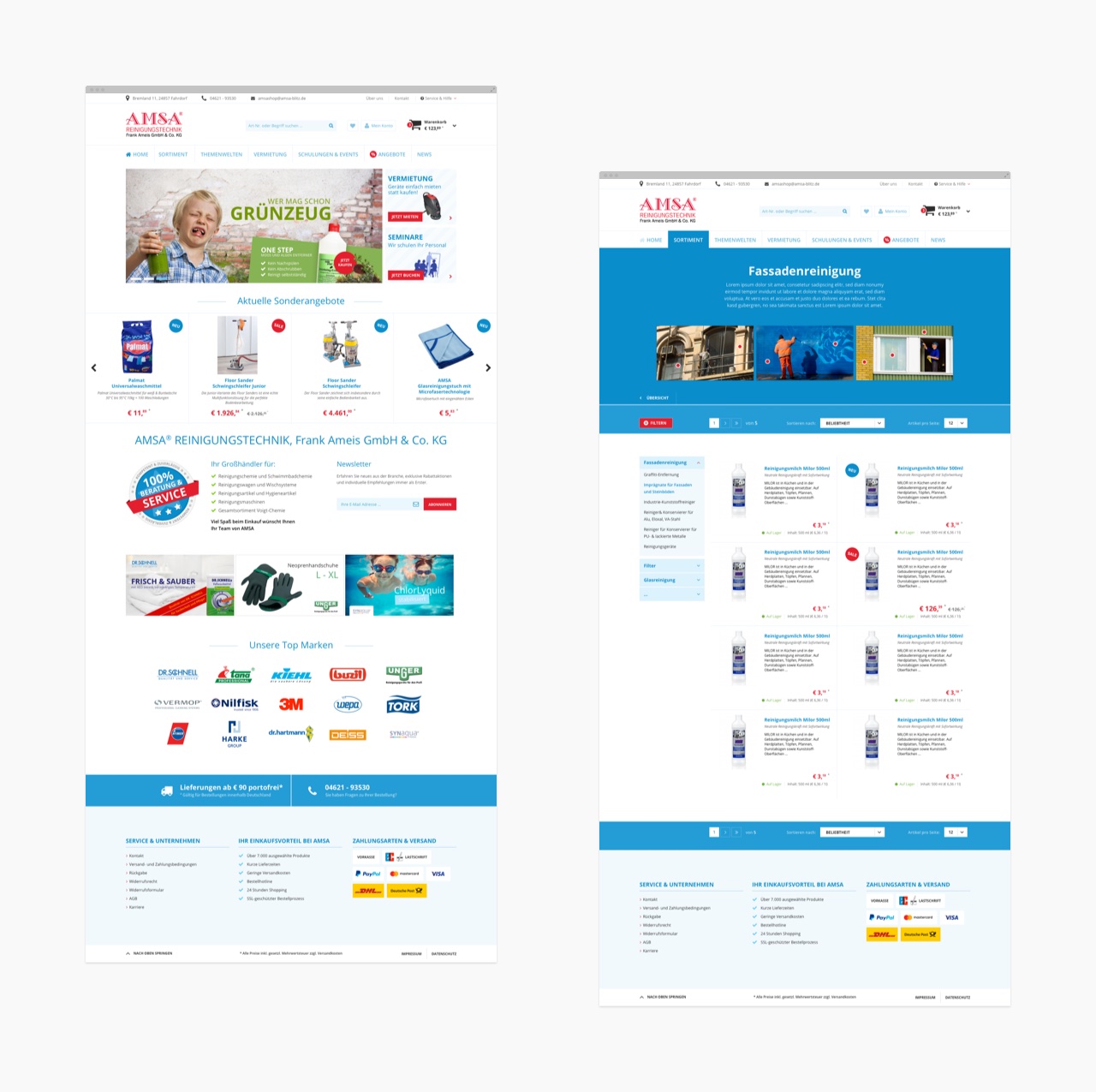 Startseite und Kategorieansicht des Shopware-Shops von AMSA Reinigungstechnik