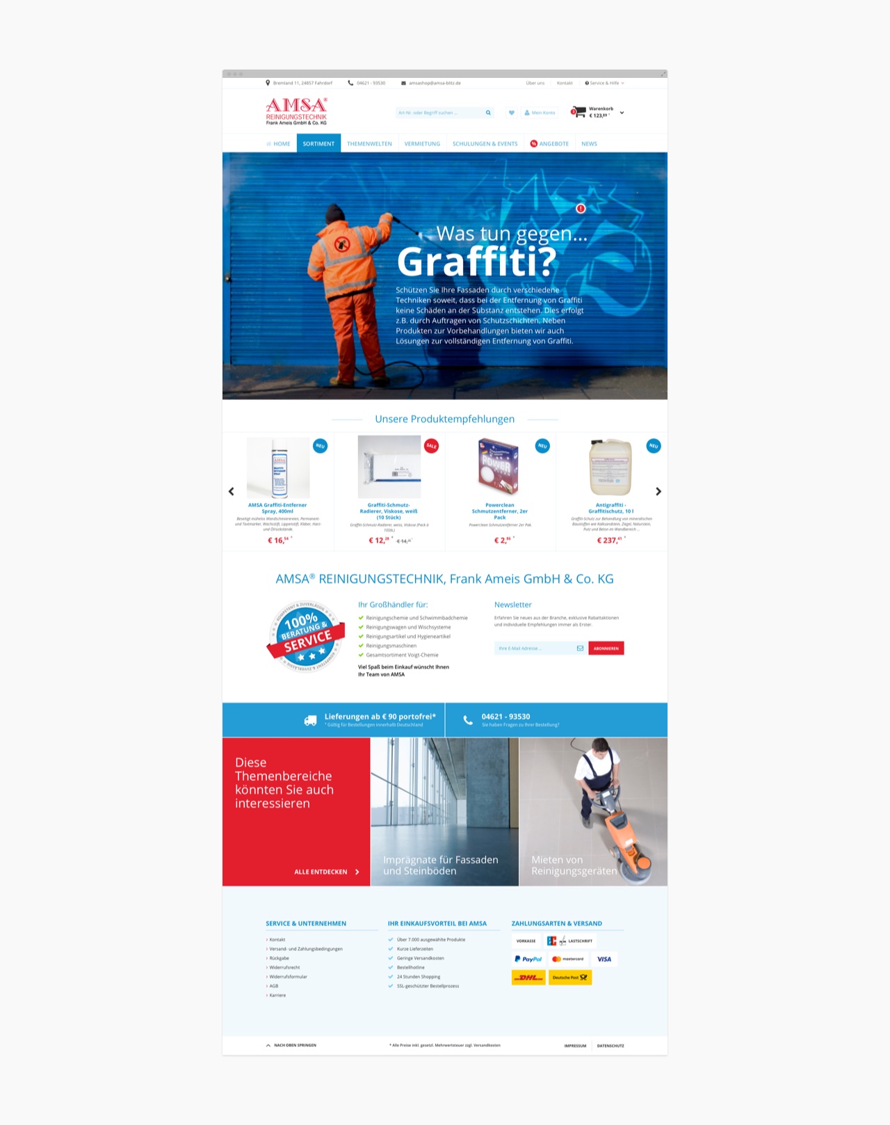 Layout der Startseite des Shopware-Shops von AMSA Reinigungstechnik