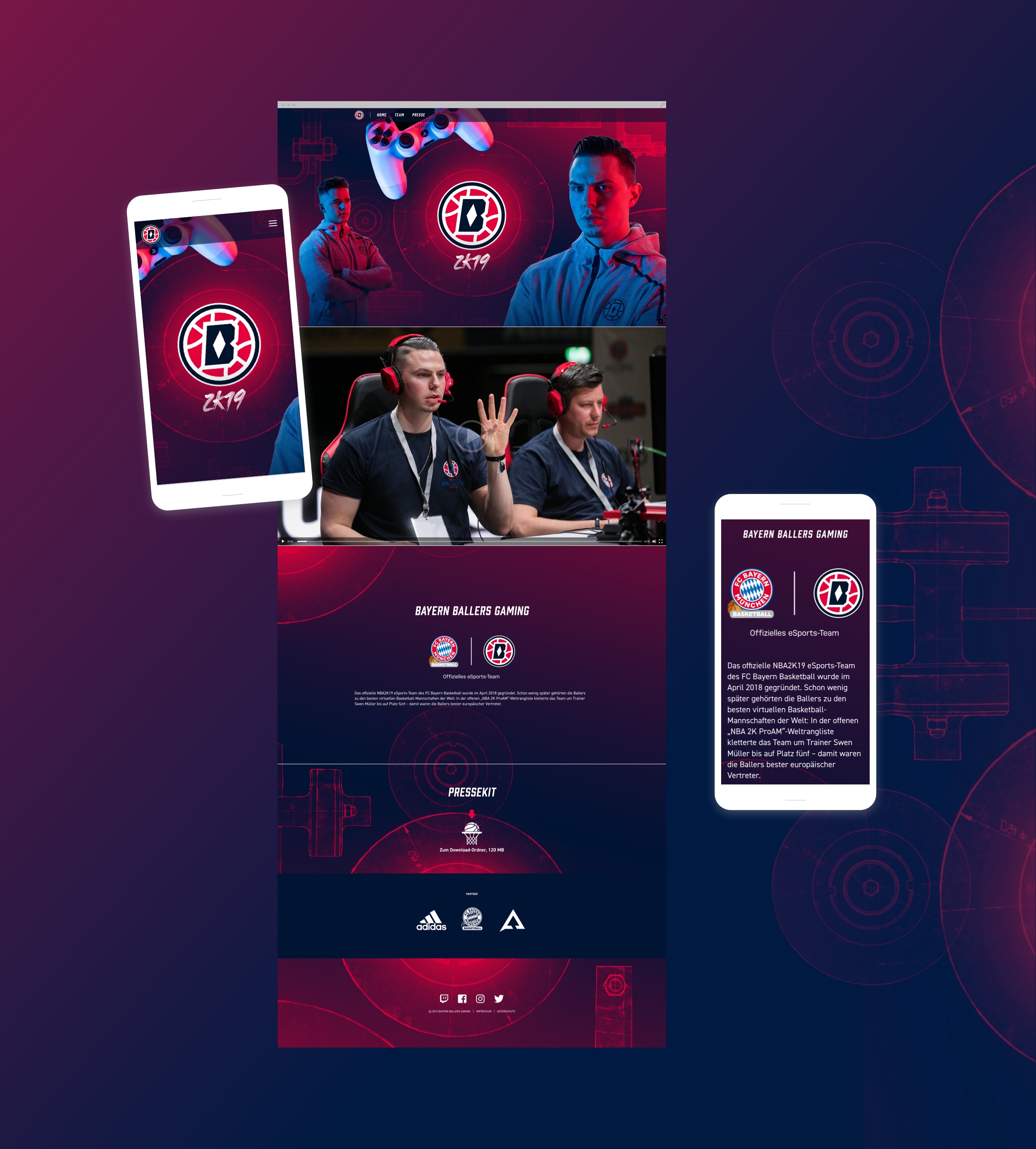Screendesign der responsiven Webseite der Bayern Ballers Gaming Abteilung des FC Bayern München