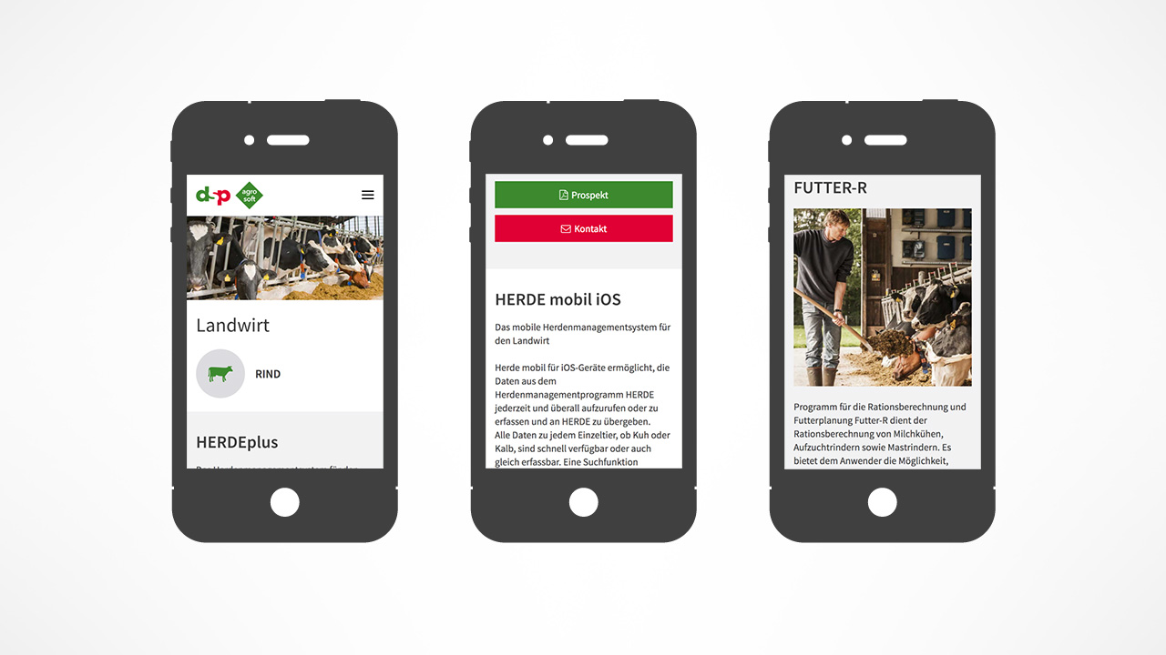 Verschiedene Mobilansichten der dsp-Agrosoft-Webseite