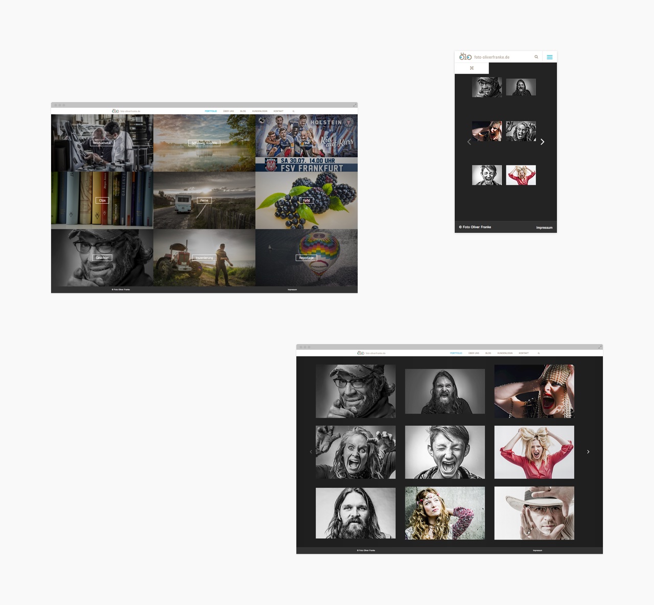Verschiedene Galerieansichten der Webseite des Fotografen Oliver Franke