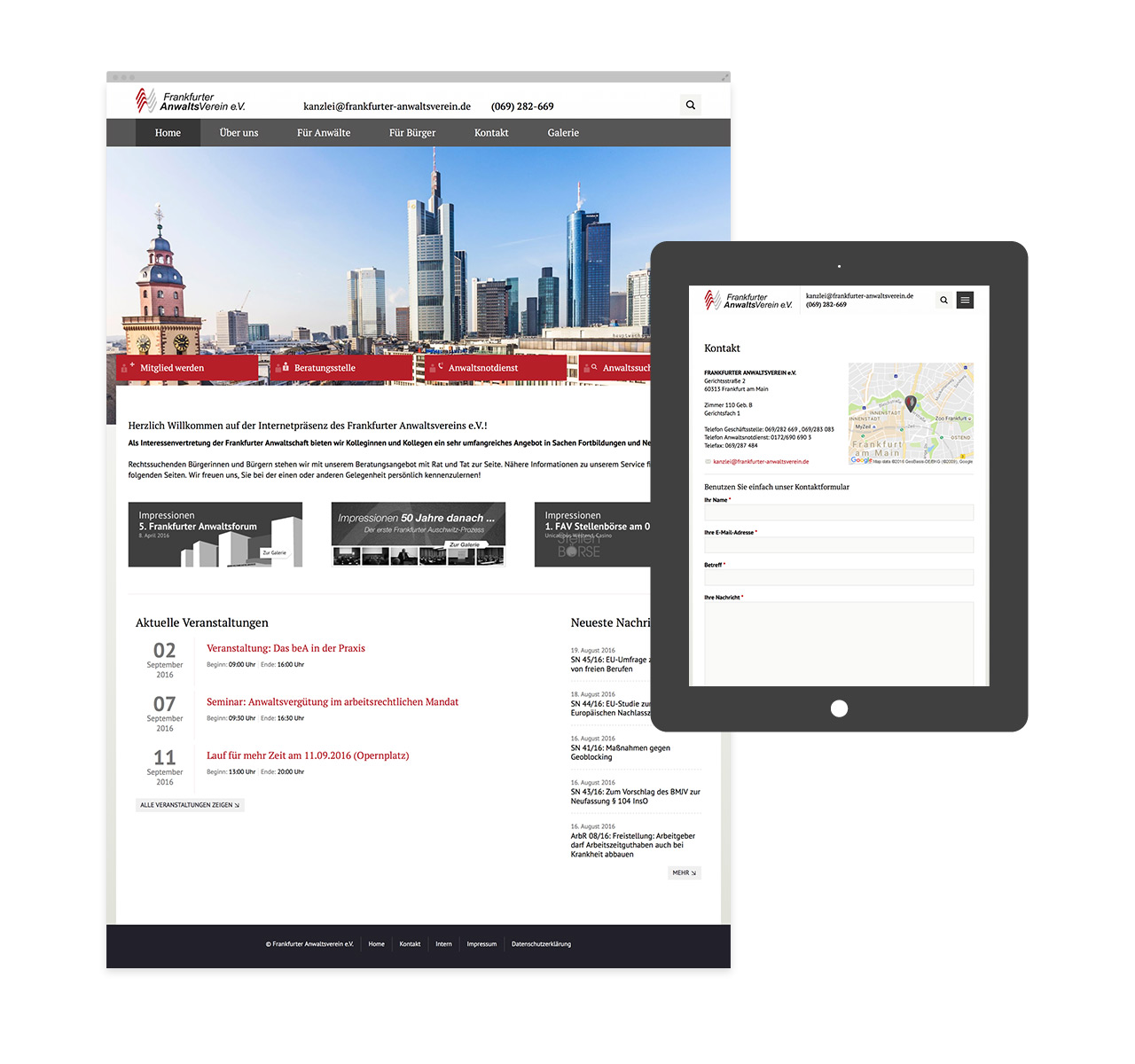 Startseite mit Kalender und Kontaktformular der Webseite des Frankfurter Anwaltsvereins e. V.