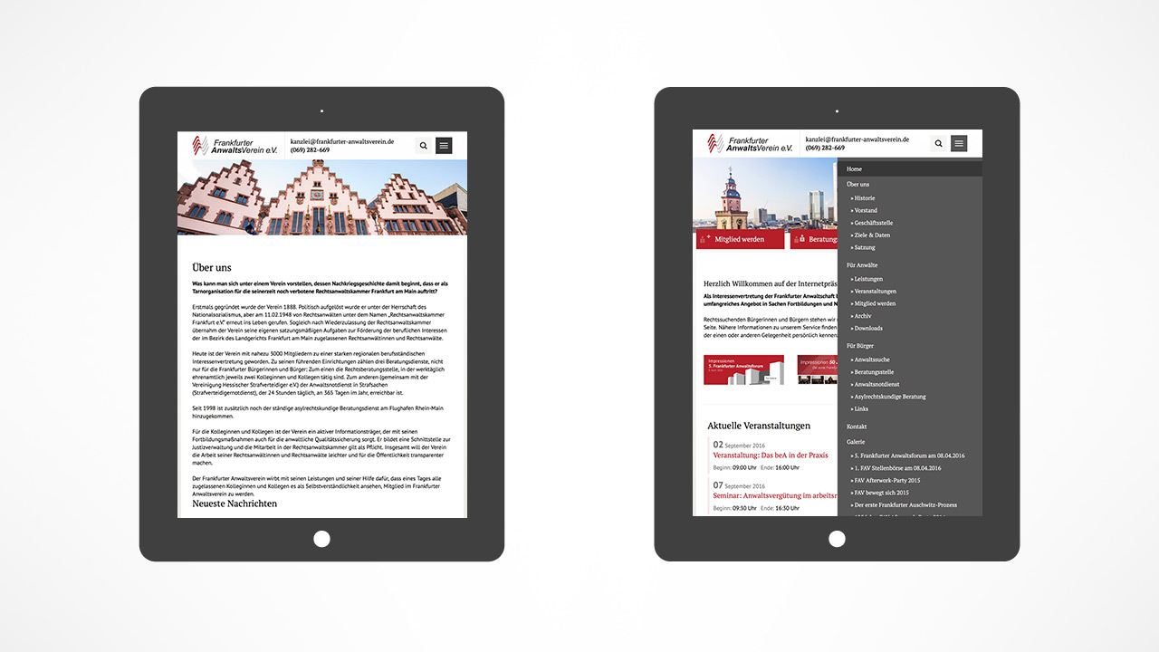 Verschiedene Desktopansichten der Webseite des Frankfurter Anwaltsvereins e. V.