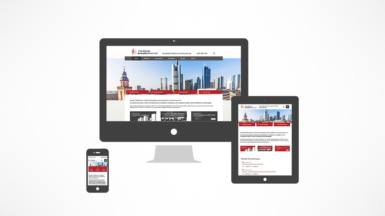 Mobile-, Tablet- und Desktopansicht der Startseite der Webseite des Frankfurter Anwaltsvereins e. V.