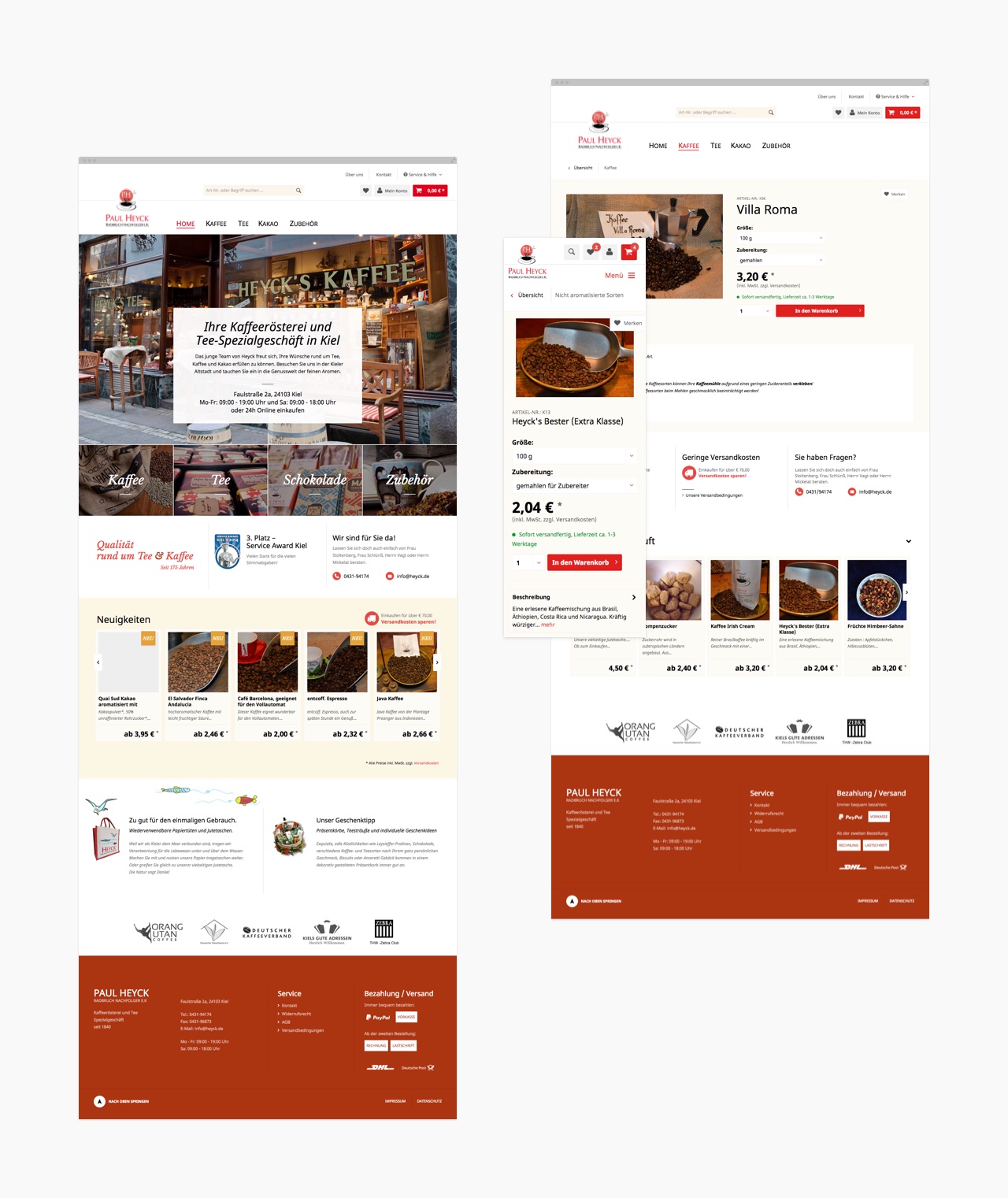 Starseite und Produktansichten des Shopware-Shops von Heyck Kaffee & Tee