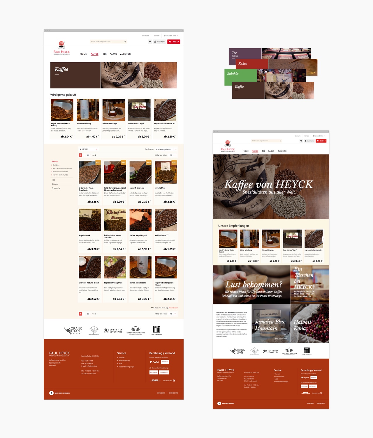 Verschiedene Desktop-Ansichten des Shopware-Shops von Heyck Kaffee & Tee