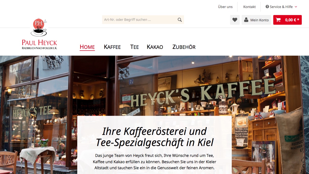 Header-Bereich des Onlineshops von Heyck Kaffee & Tee aus Kiel