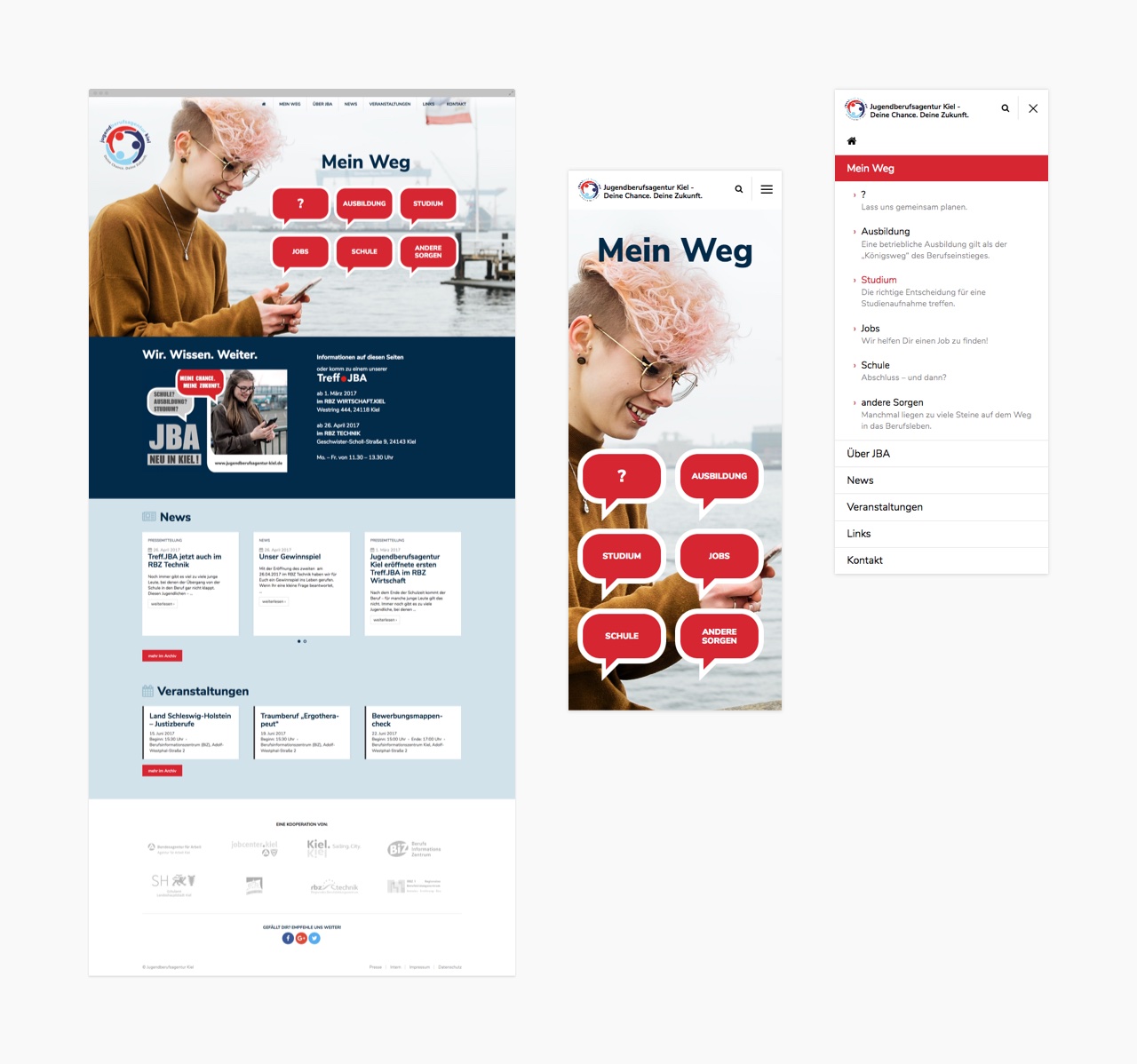 Verschiedene Seitenlayouts für Mobile und Desktop der Webseite der Jugendberufsagentur