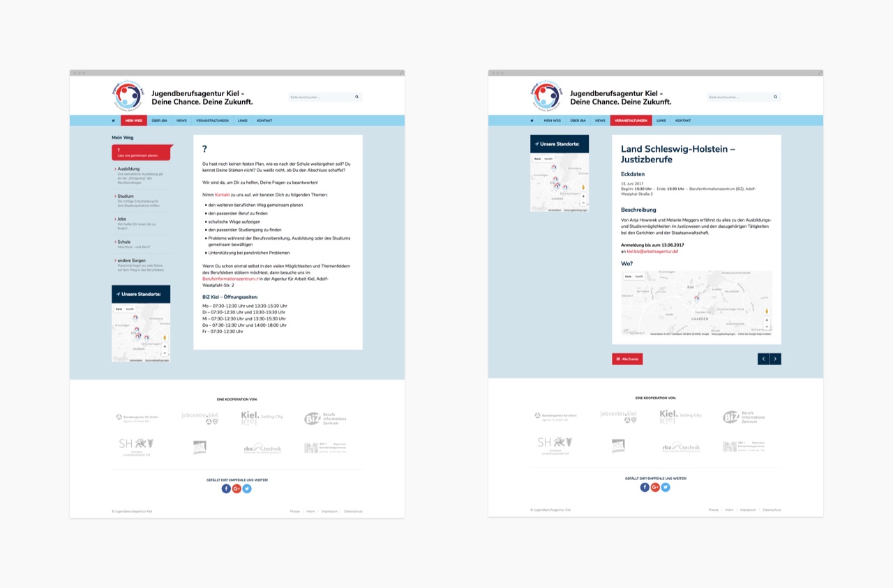 Verschiedene Seitenlayouts der Desktopversion der Webseite der Jugendberufsagentur