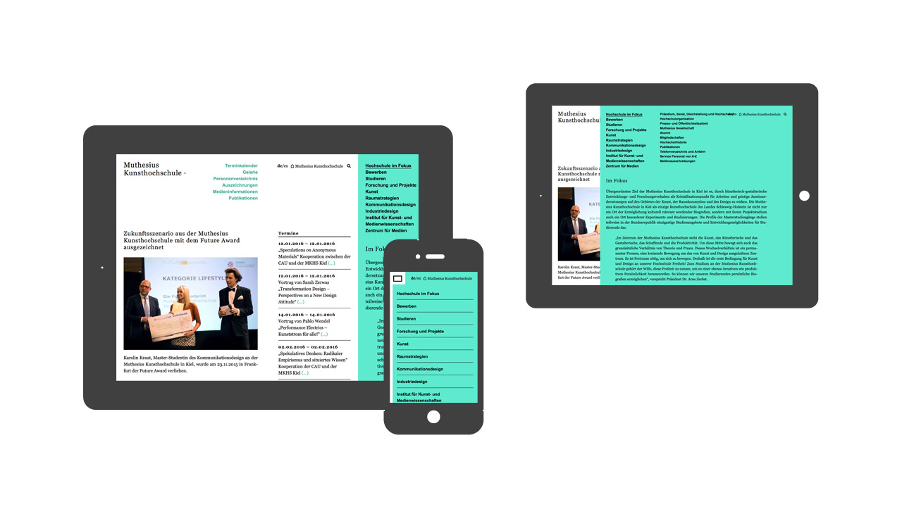 Website der Mutheius Kunsthochschule auf verschiedenen Geräten