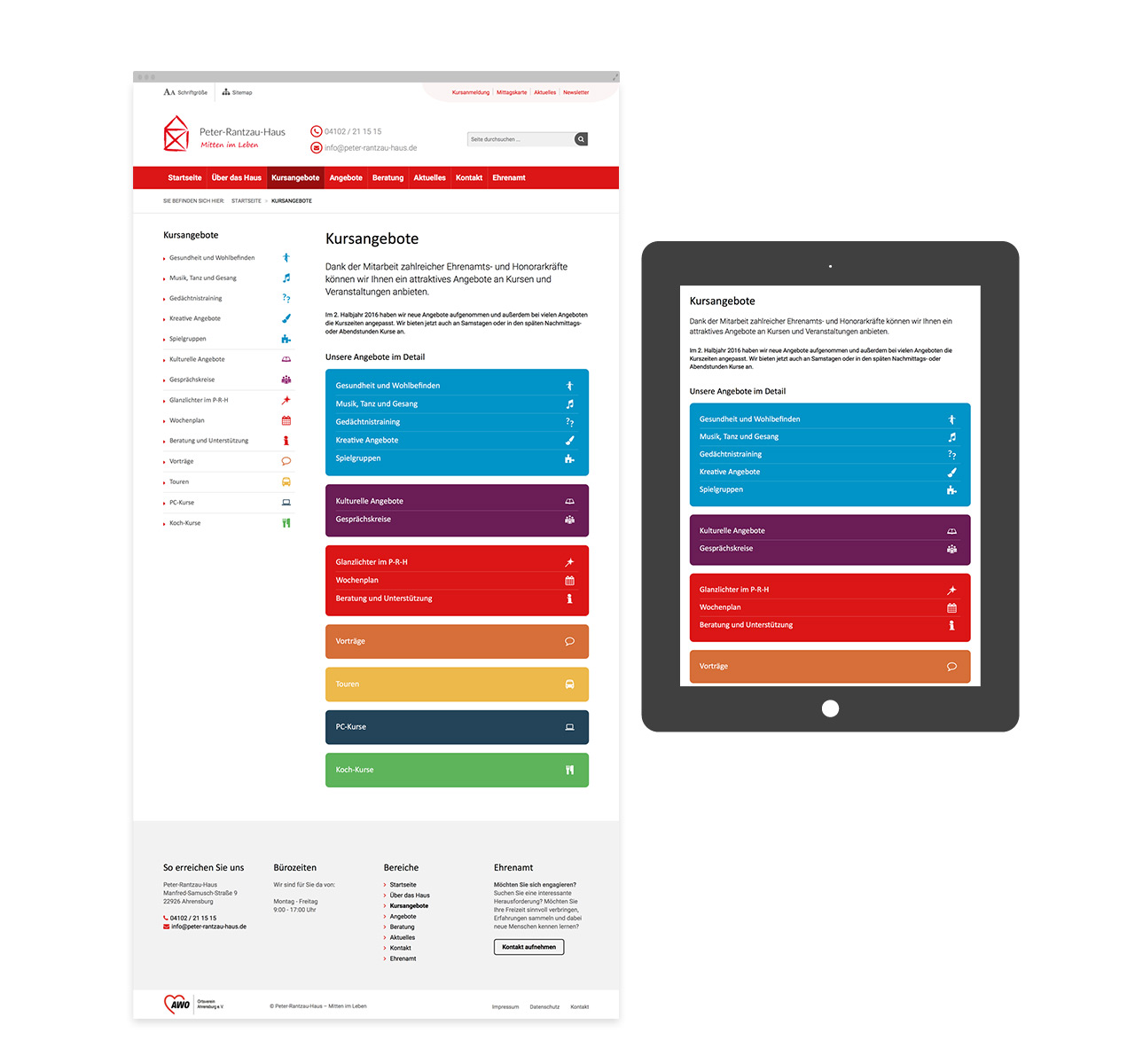 Farbige Kategiemarkierungen in der Tablet und Desktopansicht der Webseite des Peter-Rantzau-Hauses