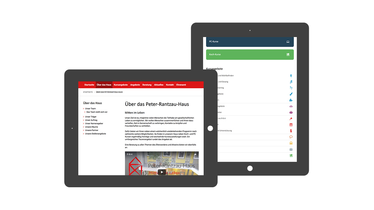 Portrait- und Queransicht der Webseite des Peter-Rantzau-Hauses auf dem Tablet