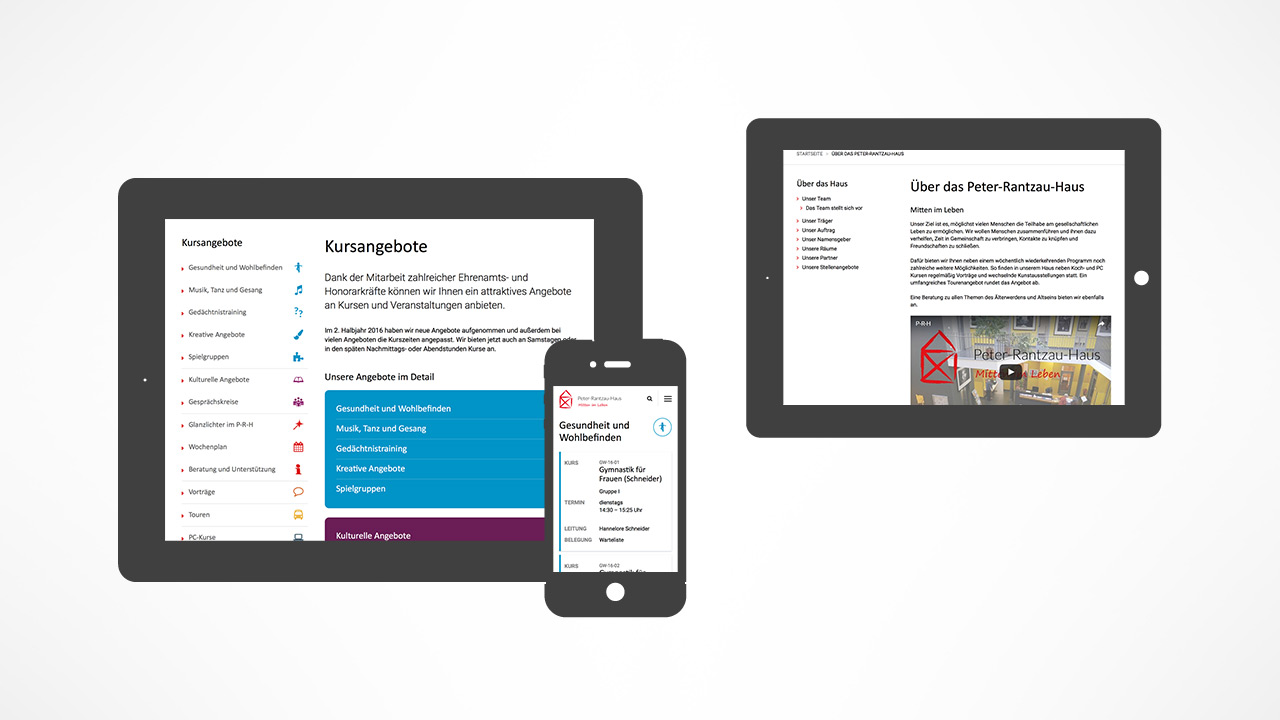 Verschiedene Layouts des Kursprogrammes für Mobile, Tablet und Desktop auf der Webseite des Peter-Rantzau-Hauses