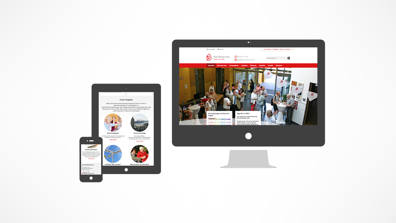 Verschiedene Seitenlayouts für Mobile, Tablet und Desktop der Webseite des Peter-Rantzau-Hauses