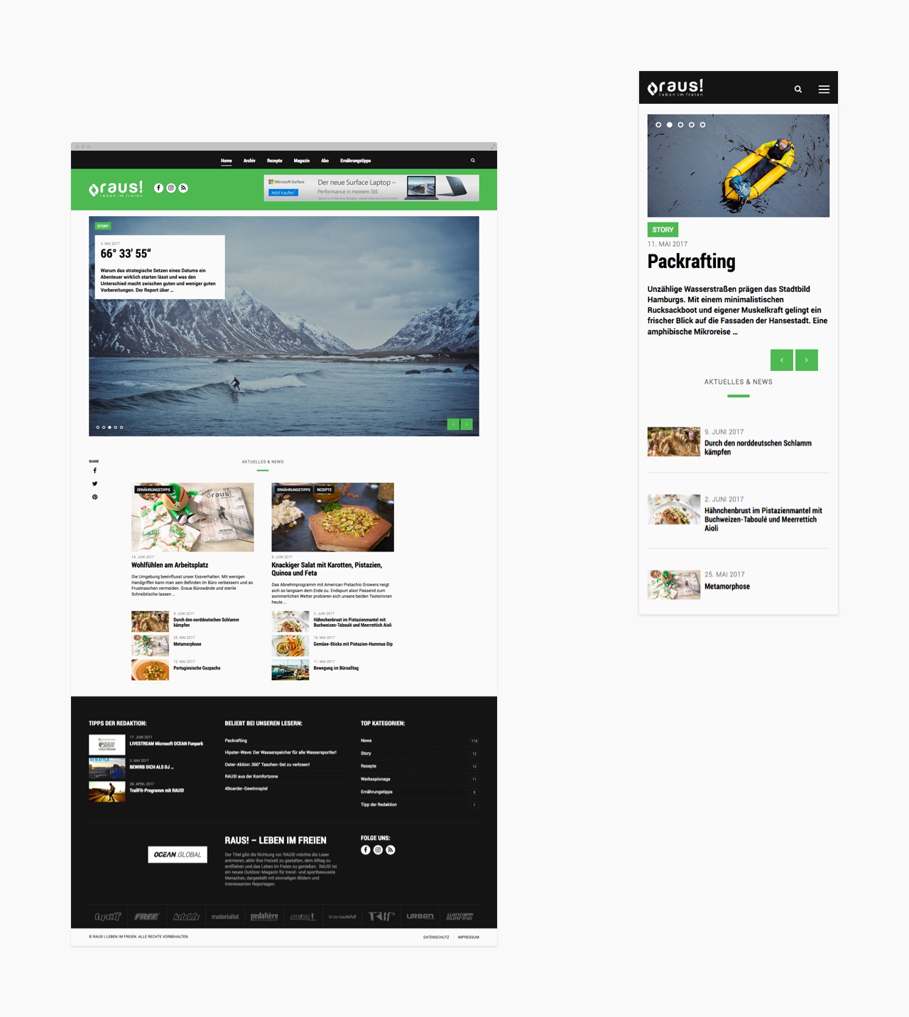 Mobile- und Desktop-Ansicht des News-Bereichs der Webseite des raus-Magazins