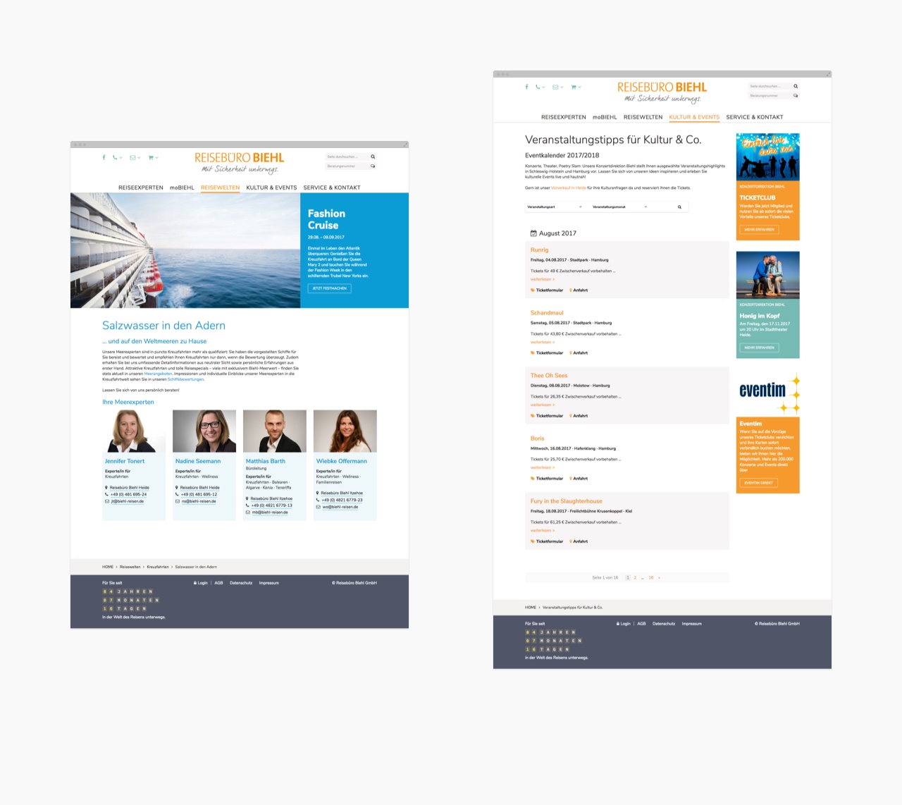 Verschiedene Desktopansichten der Webseite des Reisebüro Biehl