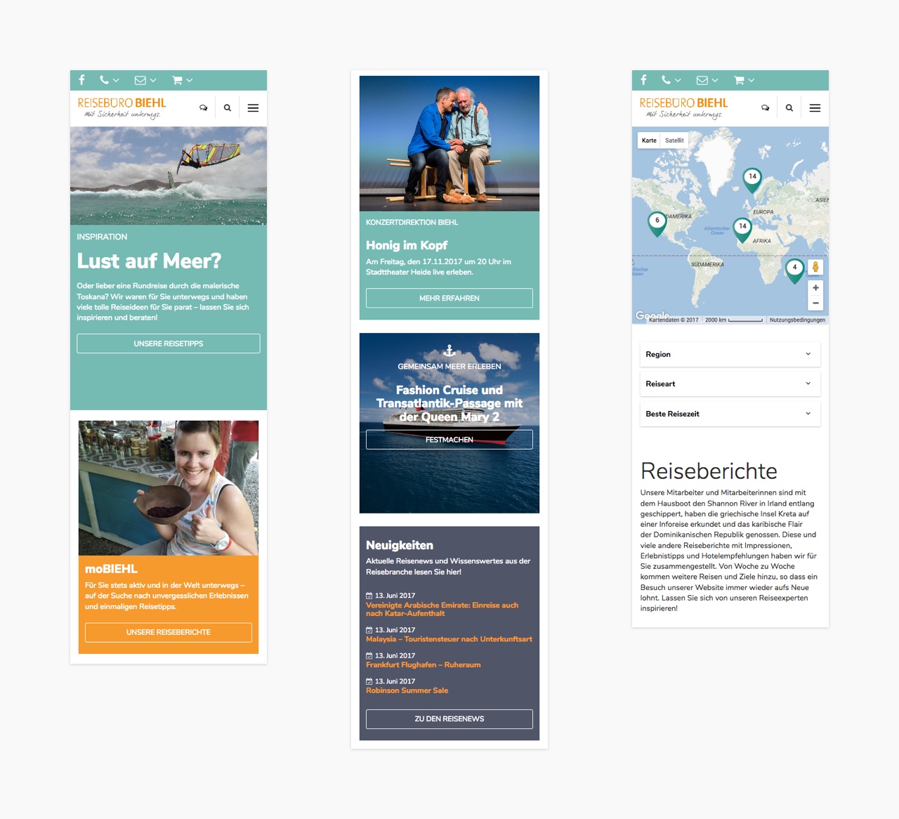Verschiedene Mobile-Ansichten der Webseite des Reisebüro Biehl