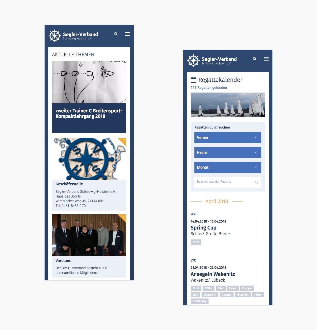 Verschiedene mobile Ansichten der Webseite des Seglerverbandes Schleswig-Holstein