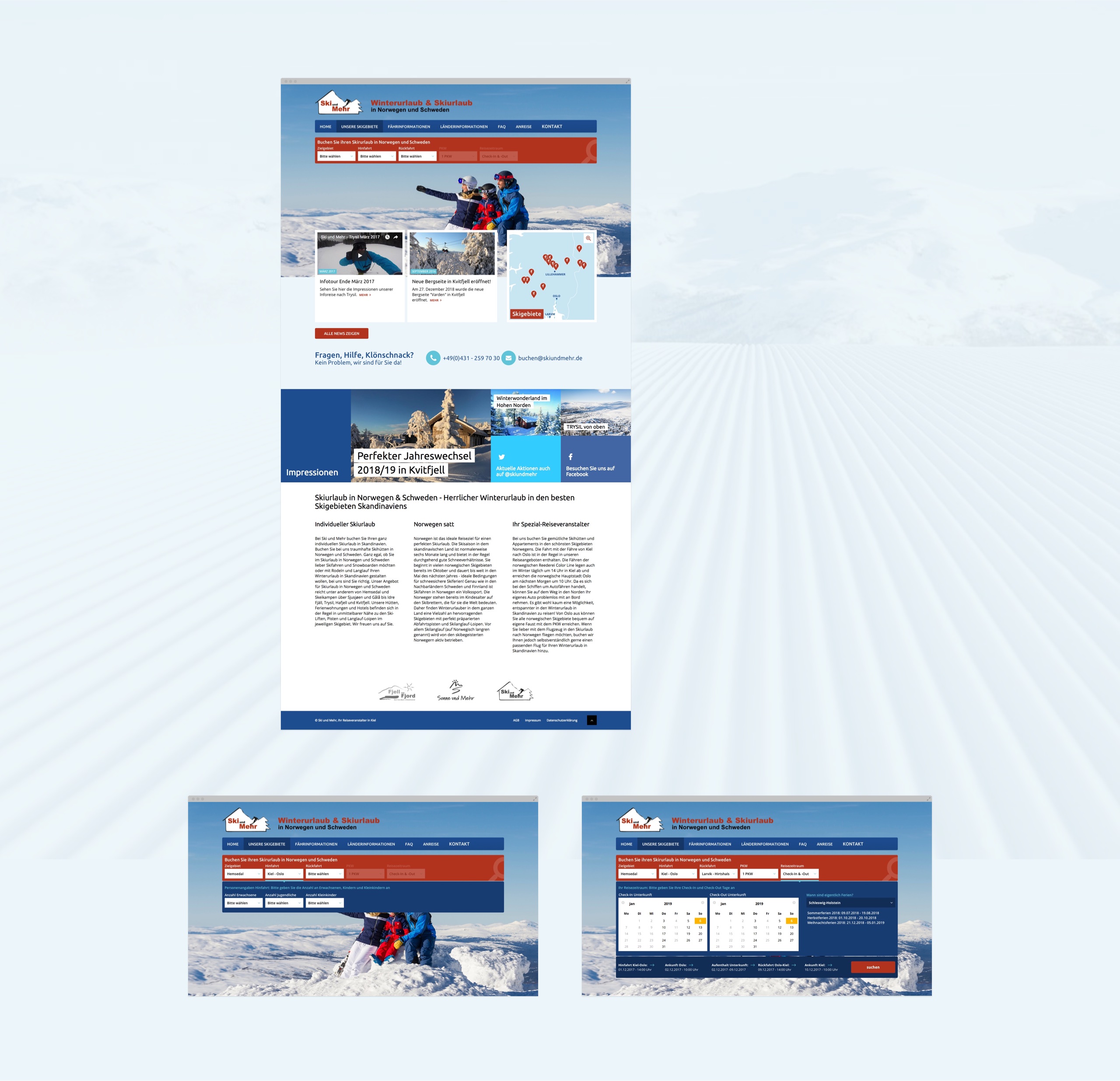 Verschiedene Layout-Elemente der Desktopansicht der Webseite des Reiseveranstalters Ski & mehr