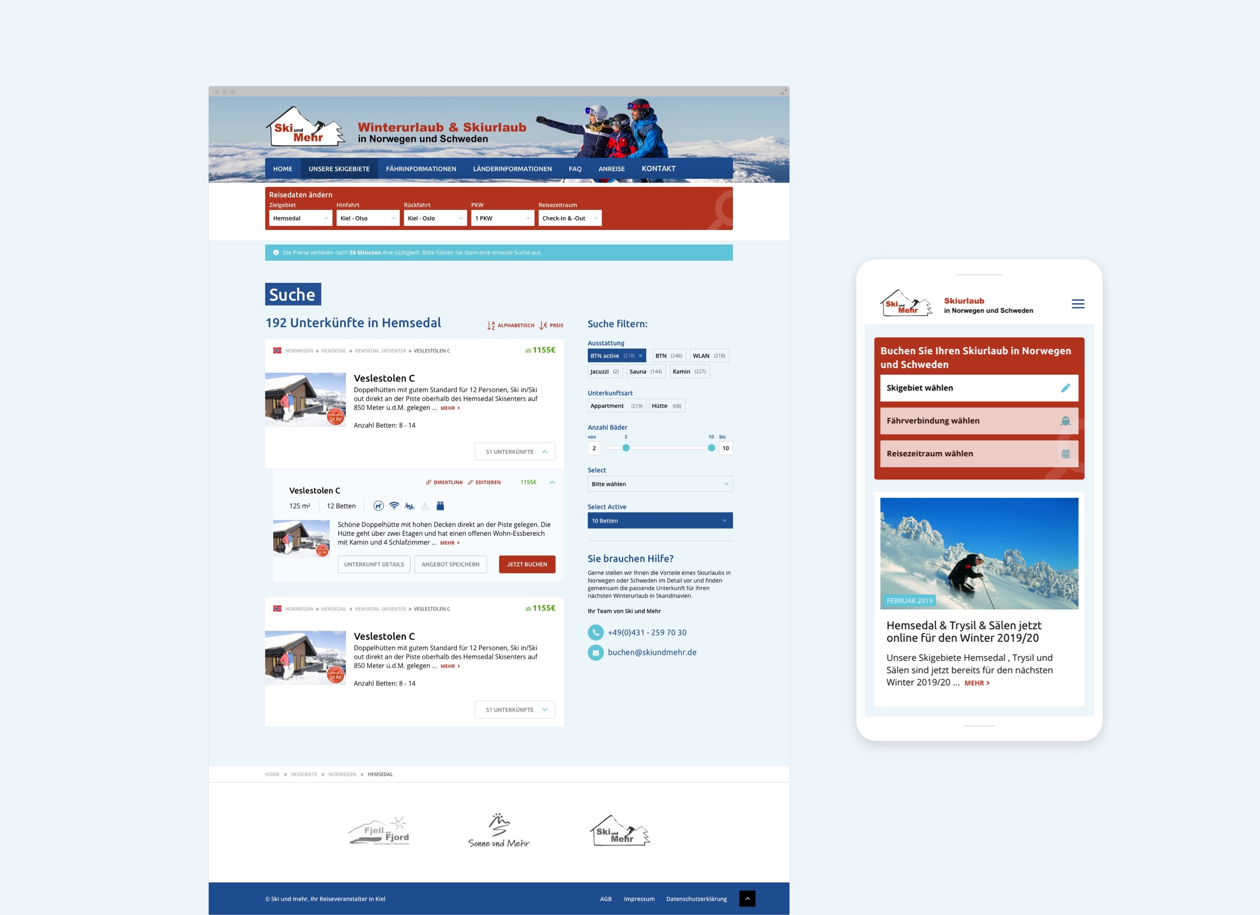 Suchmaske der Webseite des Reiseveranstalters Ski & mehr in Mobile- und Desktopansicht