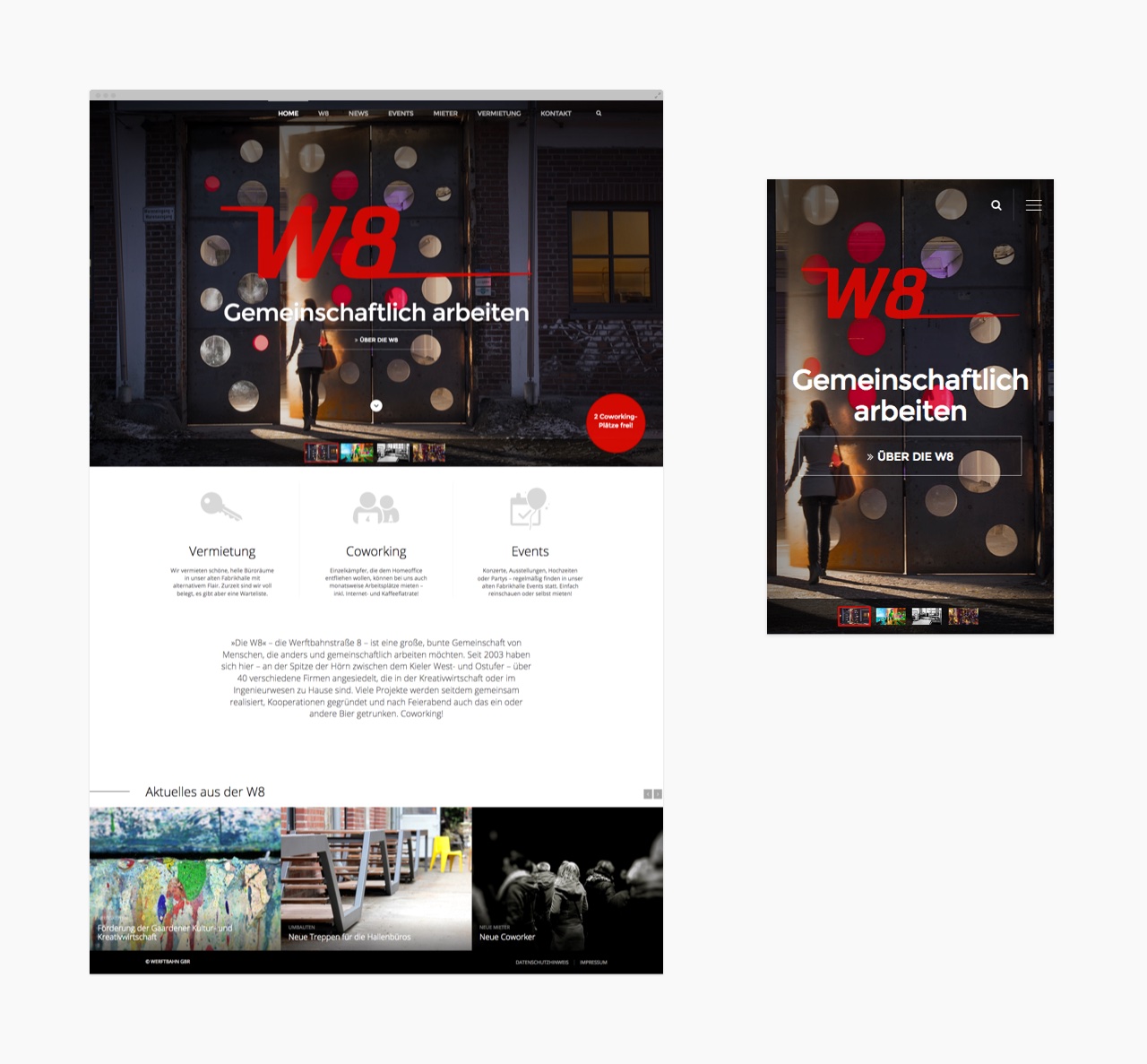 Mobile- und Desktopansicht der Startseite der Webseite des Medienzentrums W8 in Kiel