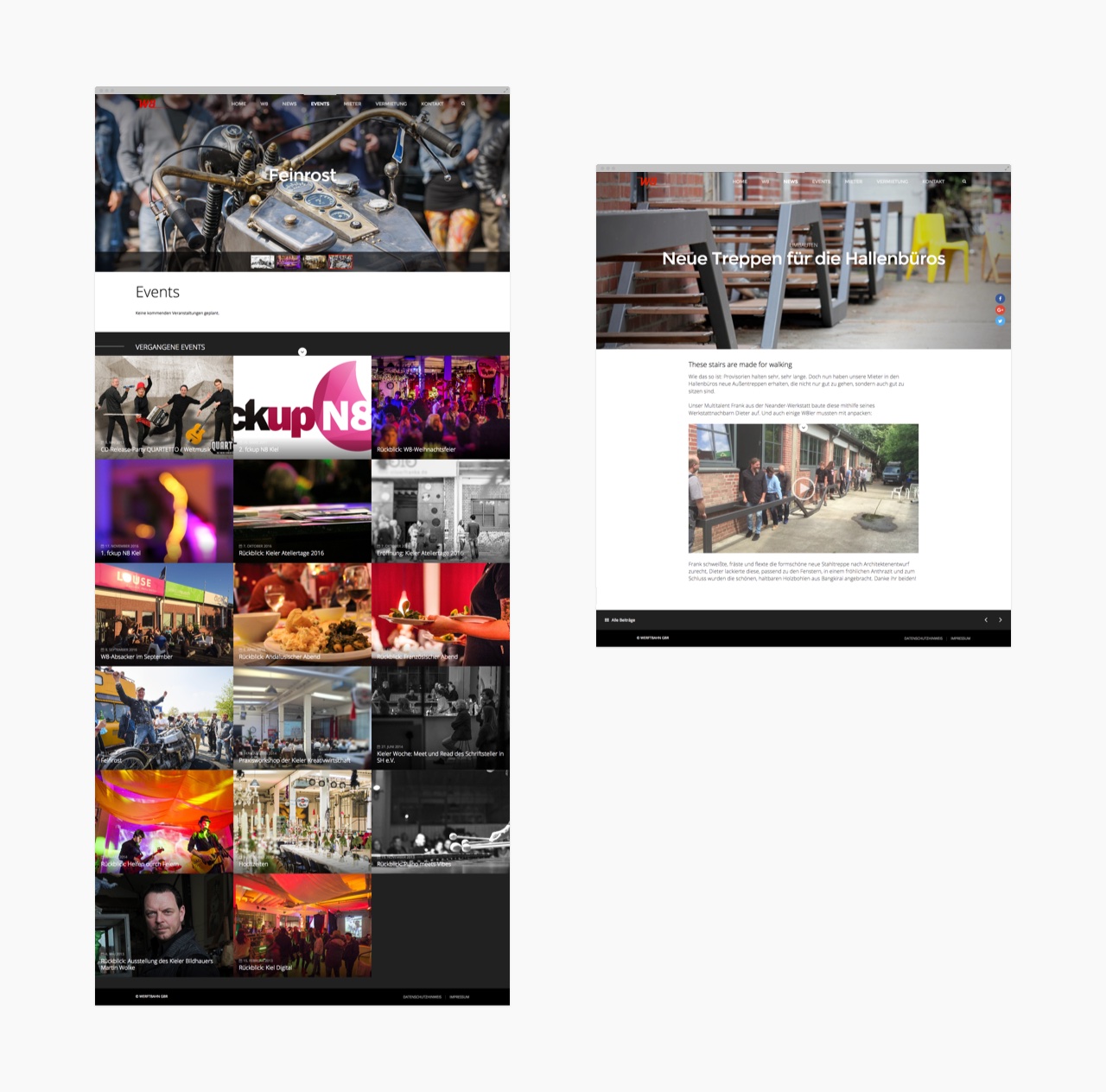 Verschiedene Desktopansichten der Webseite des Medienzentrums W8 in Kiel