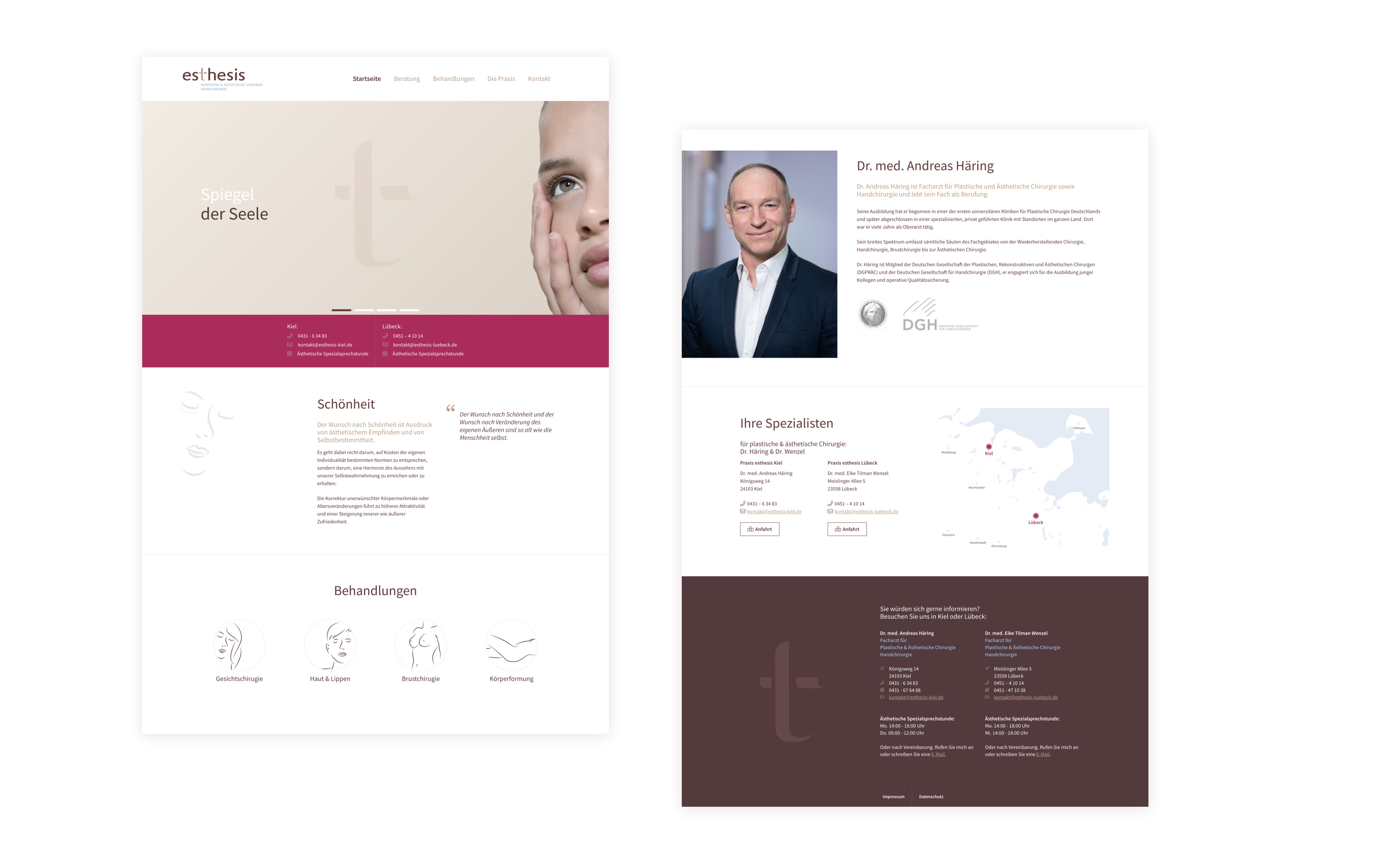 Verschiedene Seitenlayouts für Webseite der Schönheitschirugie-Praxis Esthesis