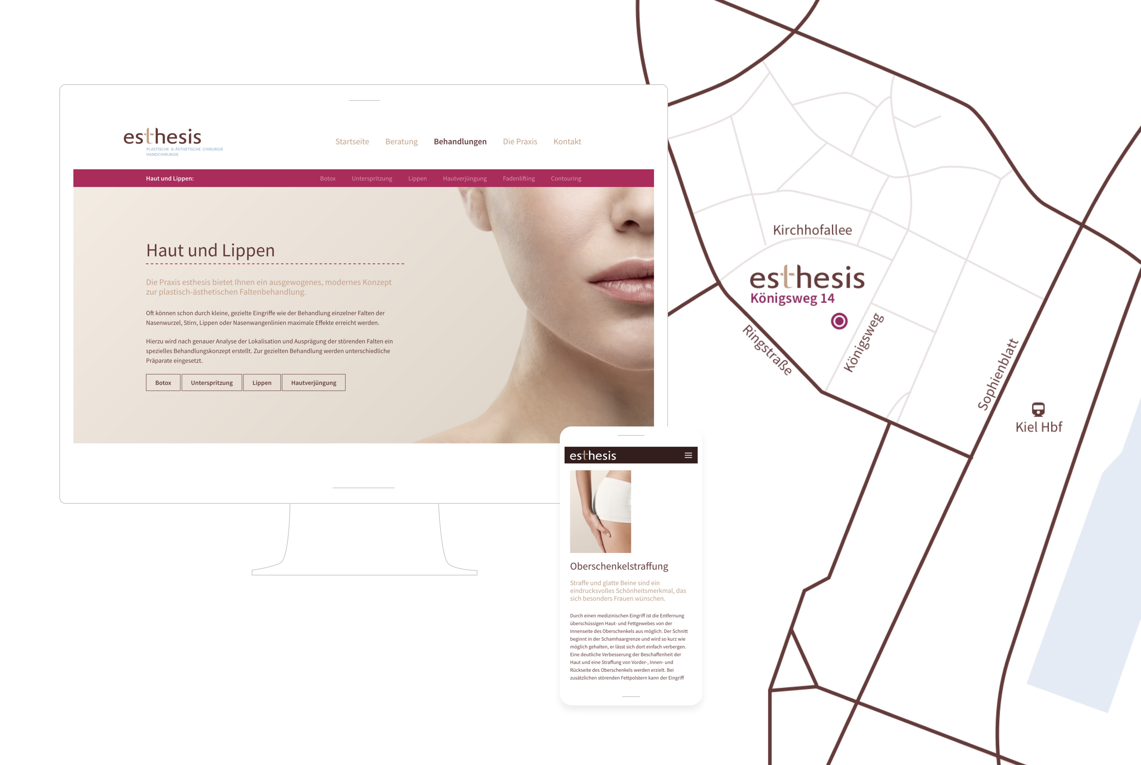 Individueller Lageplan und Screendesign der Webseite der Schönheitschirugie-Praxis Esthesis