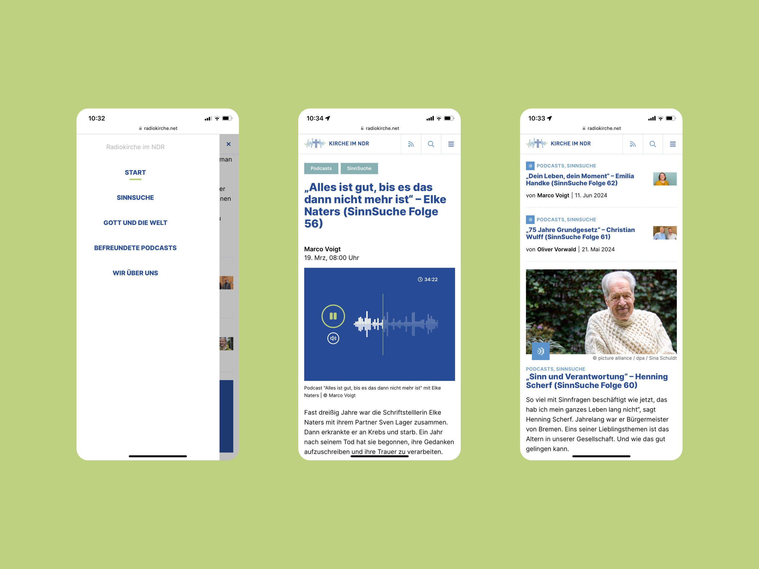 Verschiedene Ansichten und die ausklappbare Navigation der Webeite der Kirche im NDR