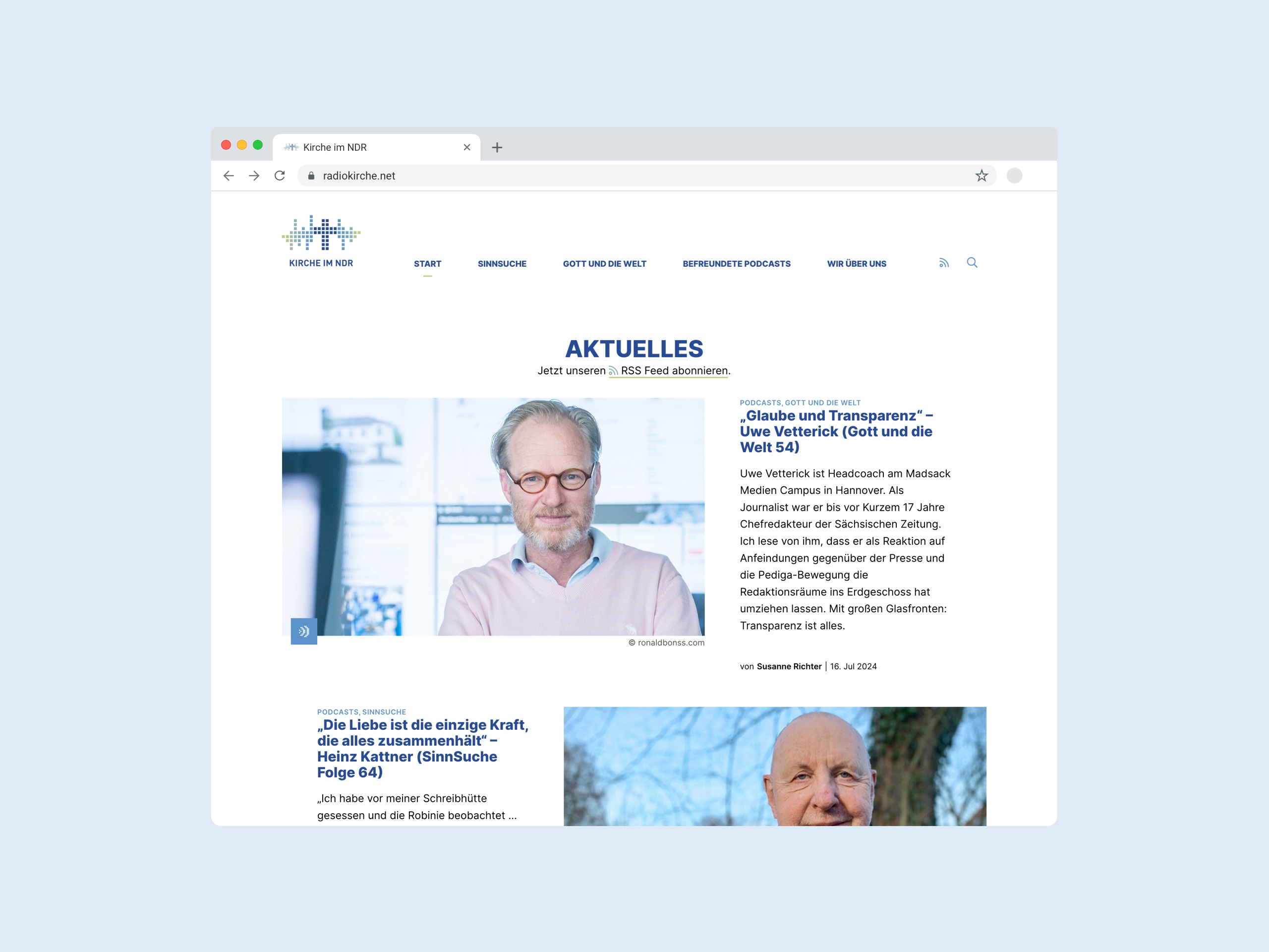Desktopansicht der Webseite der Kirche im NDR