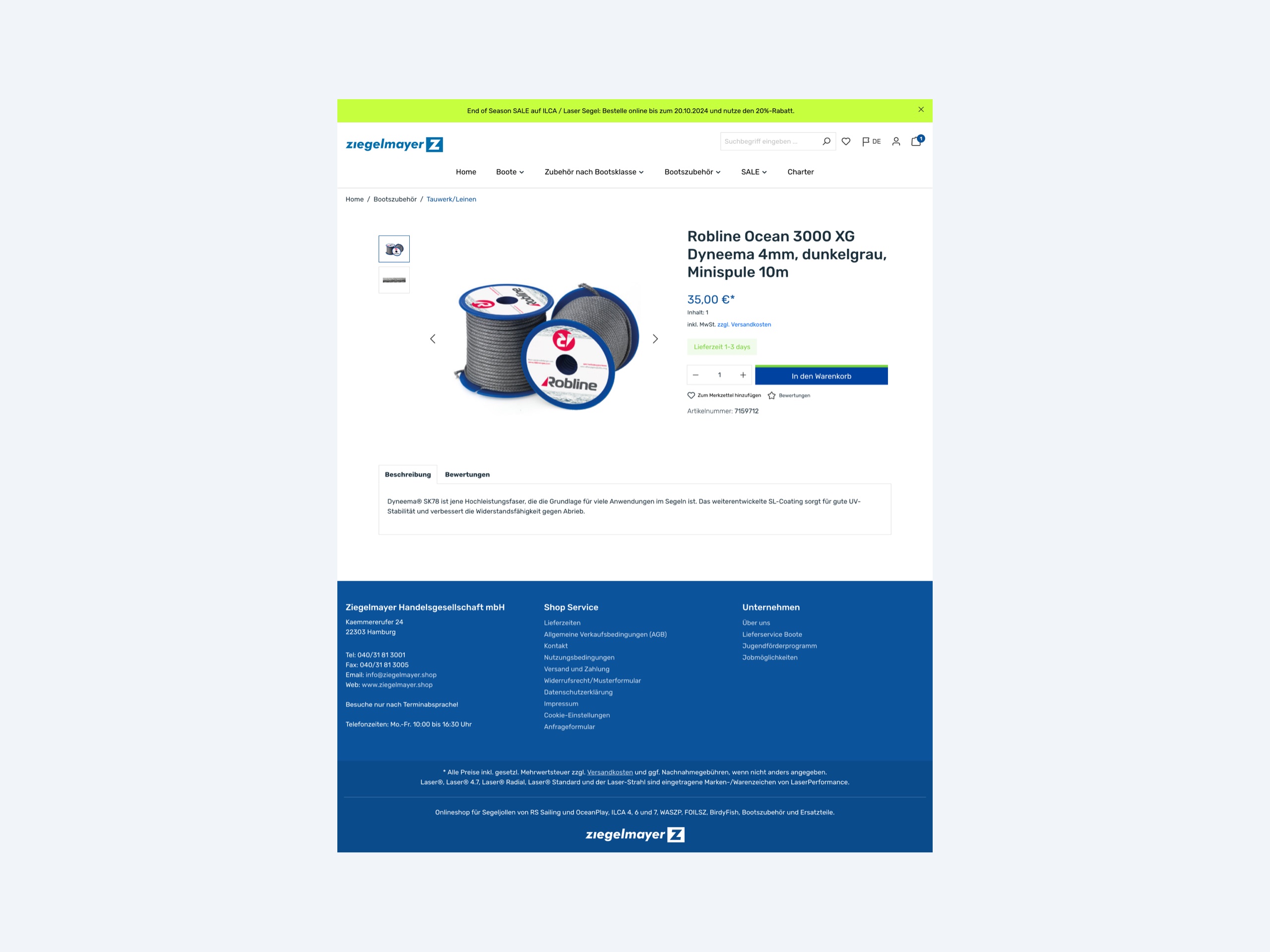 Desktop-Ansicht der Produktseite des Shopware-Onlineshops von Ziegelmayer aus Hamburg