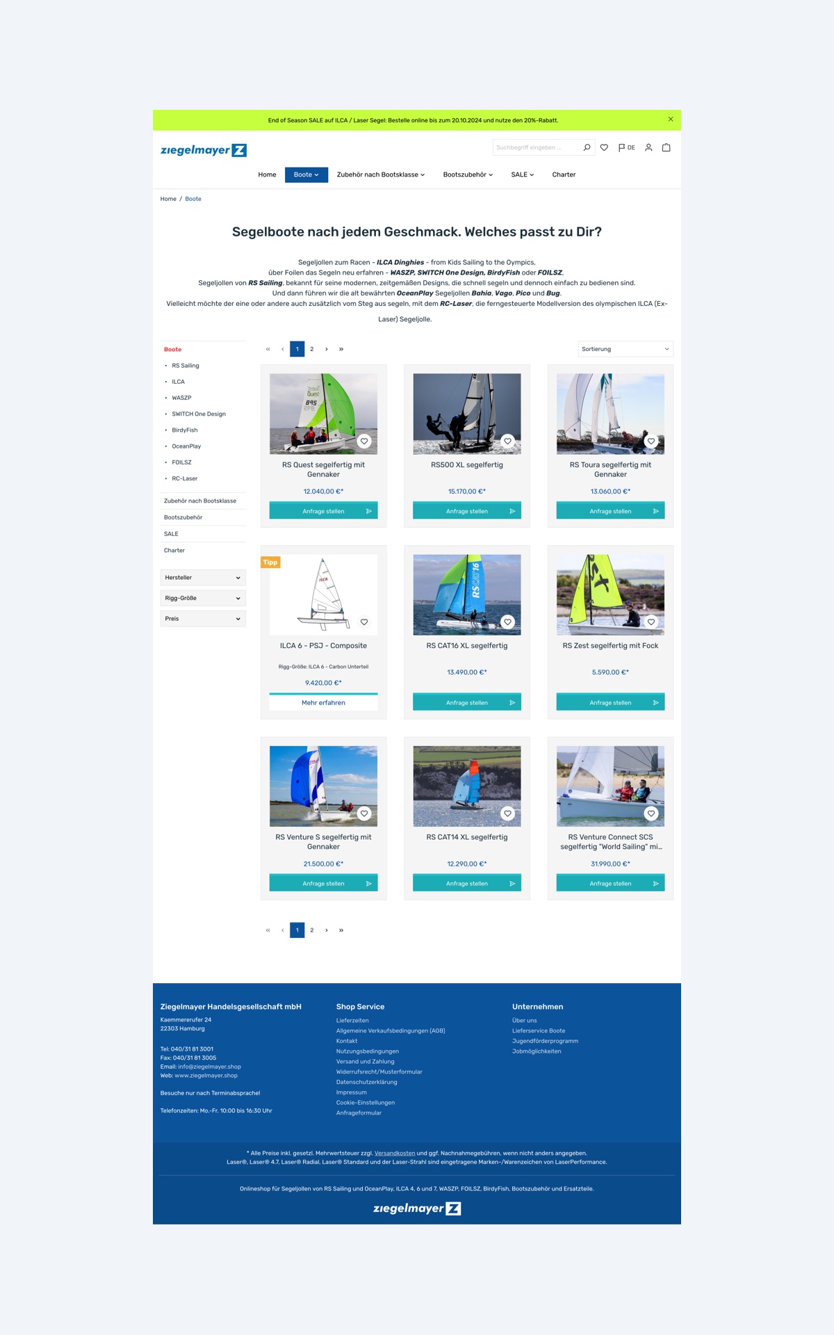 Desktop-Ansicht der Kategorieseite des Shopware-Onlineshops von Ziegelmayer aus Hamburg