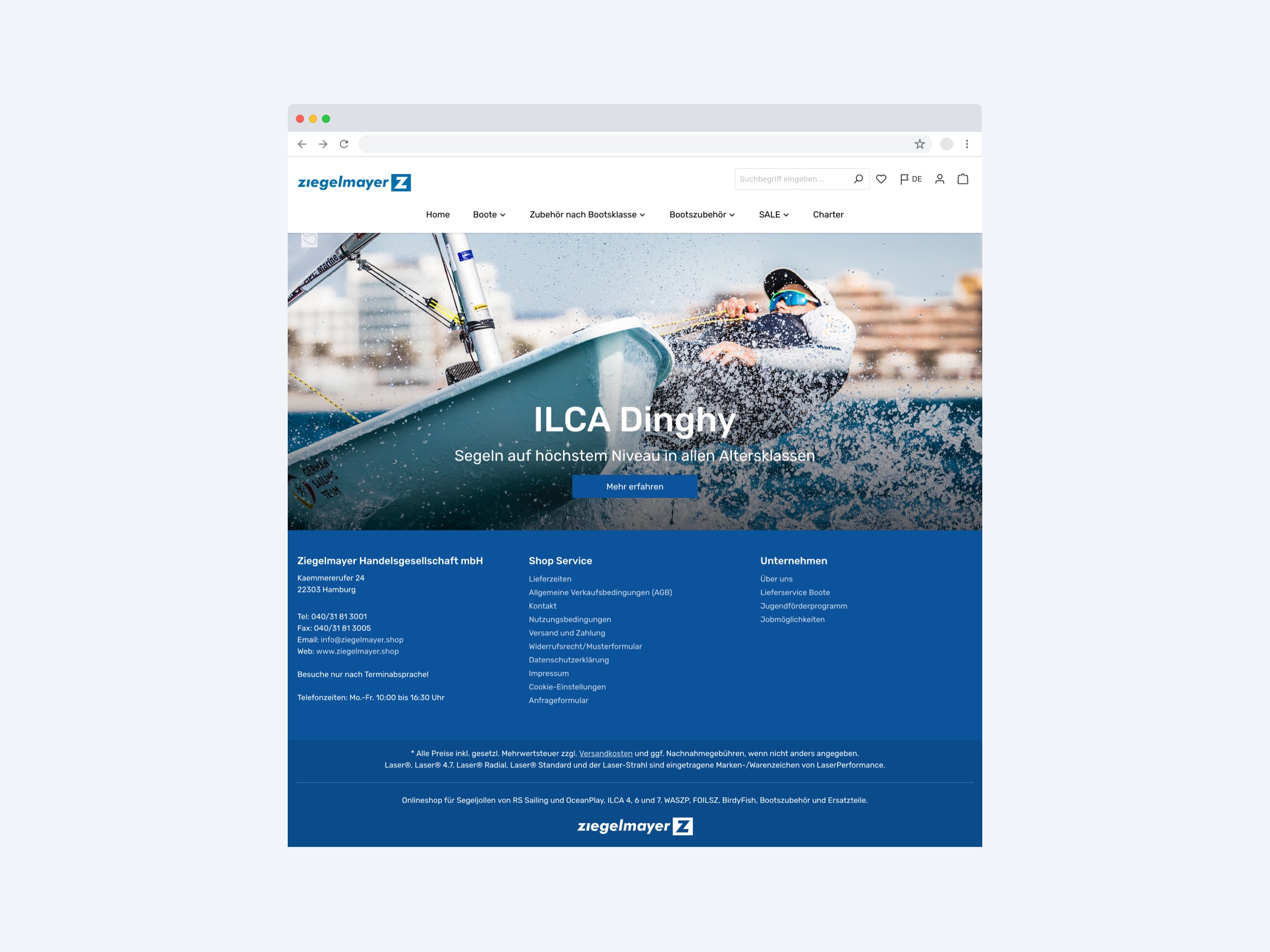 Desktopansicht des Onlineshops von Ziegelmayer mit großem Headerbild