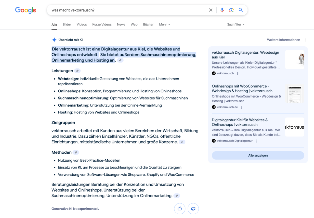 Screenshot der neuen Google-Funktion "Übersicht mit KI" anhand vektorrausch